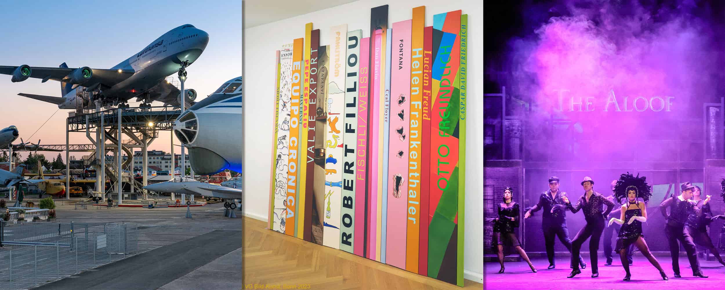 Eine Collage mit drei Bildern: ein großes, im Freien montiertes Flugzeug, ein farbenfrohes vertikales Kunstwerk auf einem Bücherregal und eine Theaterszene mit Darstellern in schwarzen Kostümen und violetter Beleuchtung.