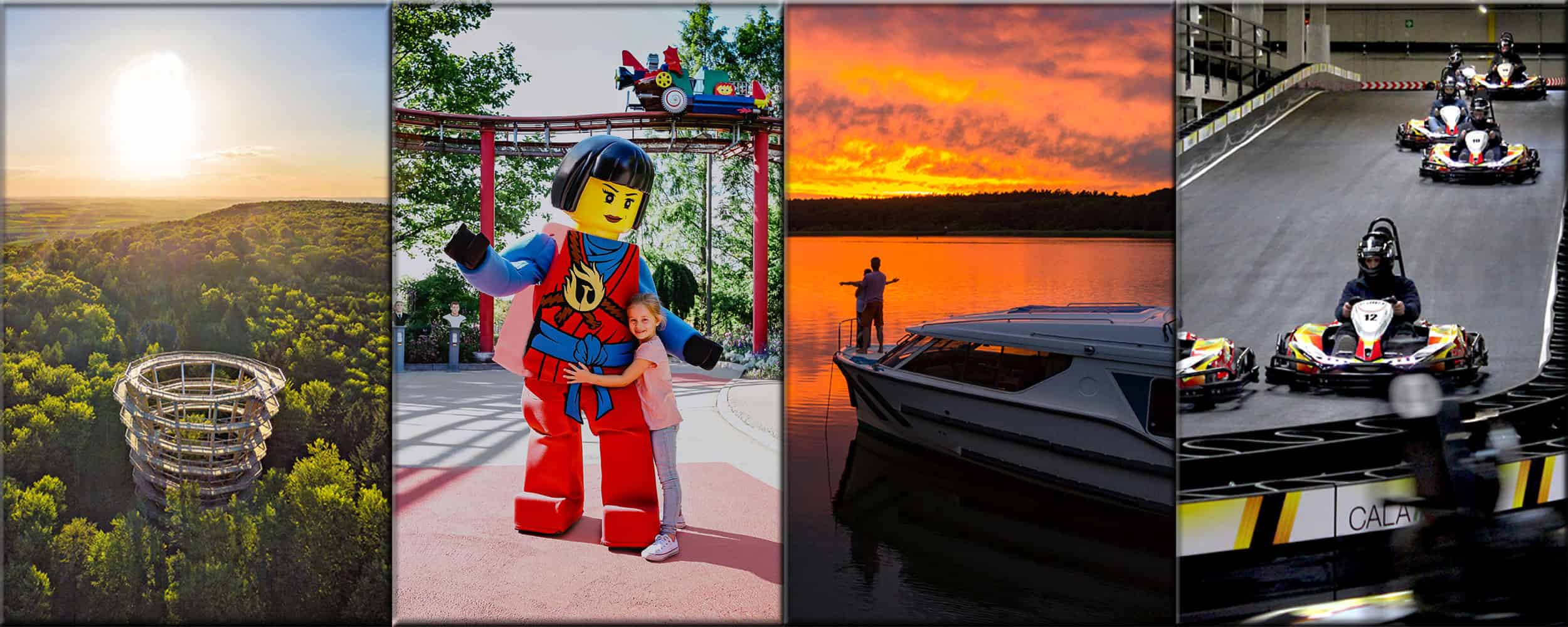 Eine Collage zeigt: einen Aussichtsturm in einer Baumkrone in einem üppigen Wald, ein Kind, das eine Person in einem LEGO-Kostüm umarmt, eine Person, die bei Sonnenuntergang neben einem Boot angelt und mehrere Personen, die drinnen Go-Kart-Rennen fahren.