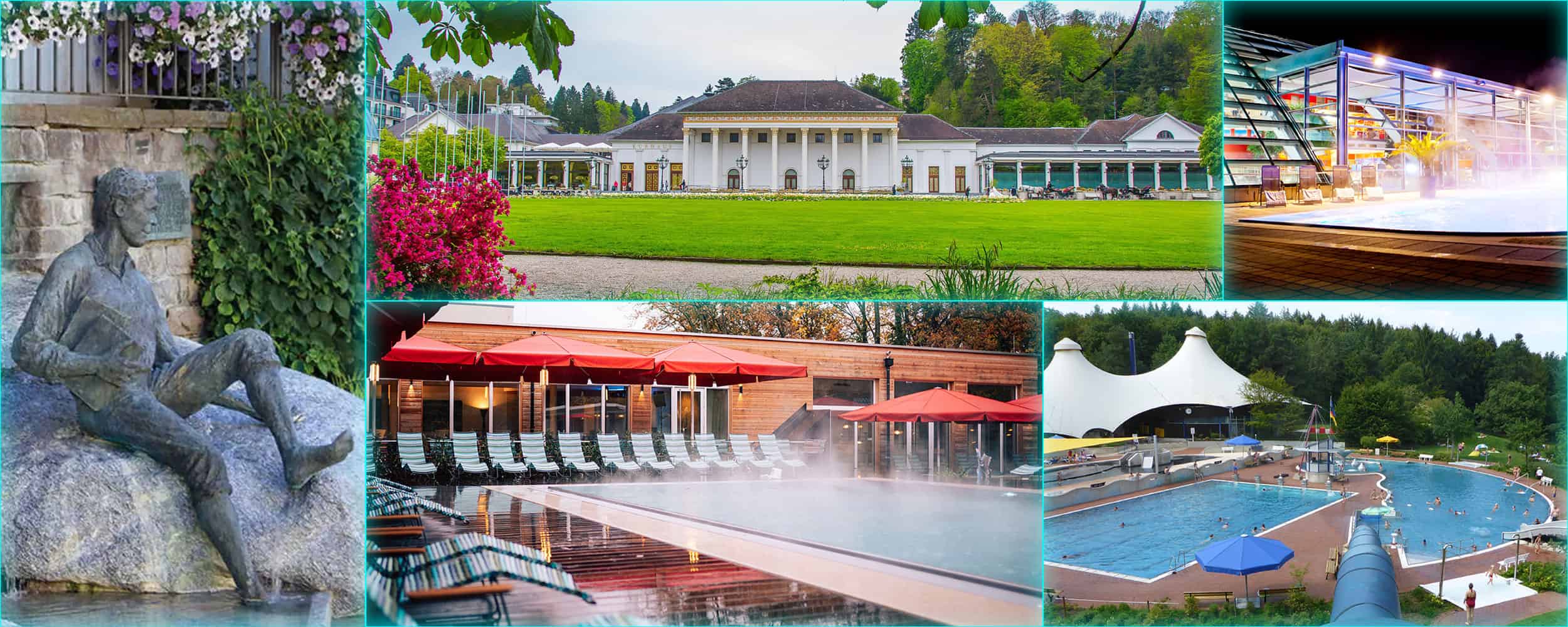 Collage aus Spa- und Wellness-Standorten, darunter eine Statue, ein elegantes Gebäude mit Garten, Außenpools mit Liegen und Sonnenschirmen, ein Pool bei Nacht mit bunten Lichtern und ein großer Außenpool, umgeben von Bäumen.