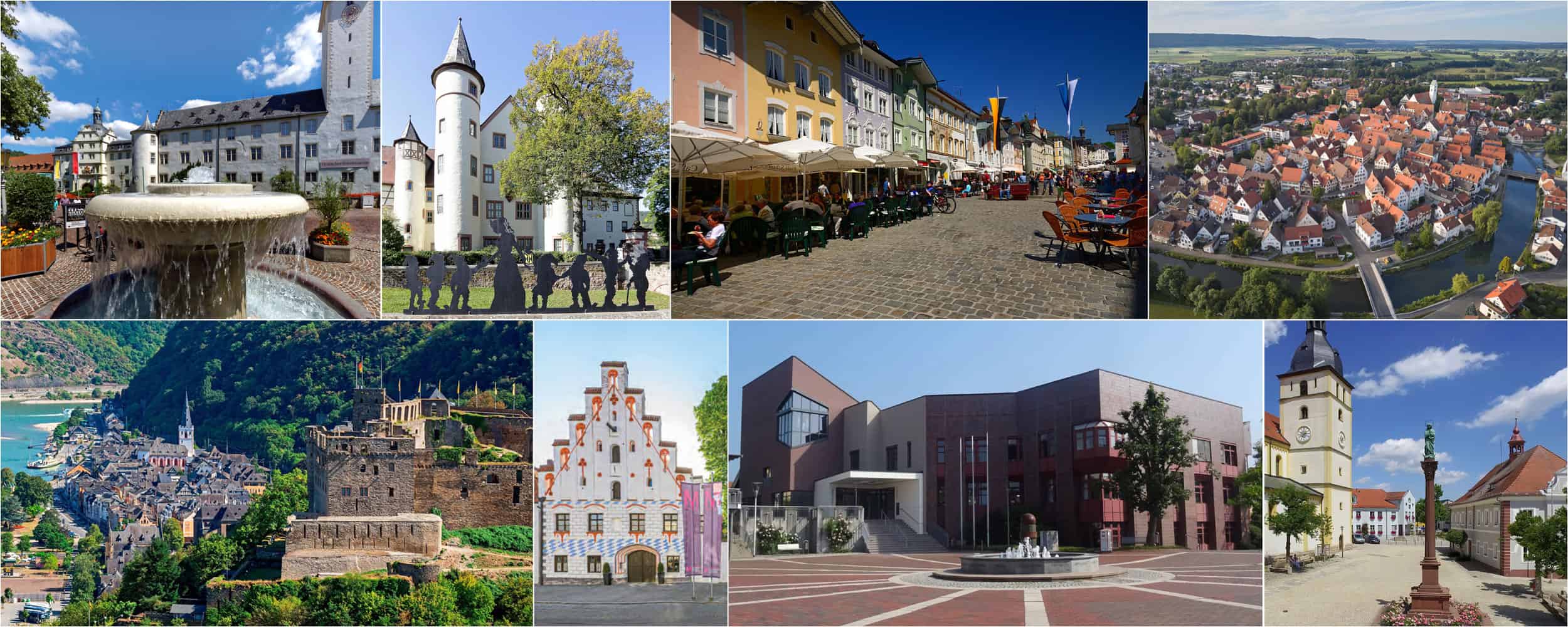 Eine Collage verschiedener malerischer deutscher Städte und Sehenswürdigkeiten, darunter Schlösser, historische Gebäude, gepflasterte Plätze mit Straßencafés und Luftaufnahmen von Dörfern am Flussufer.